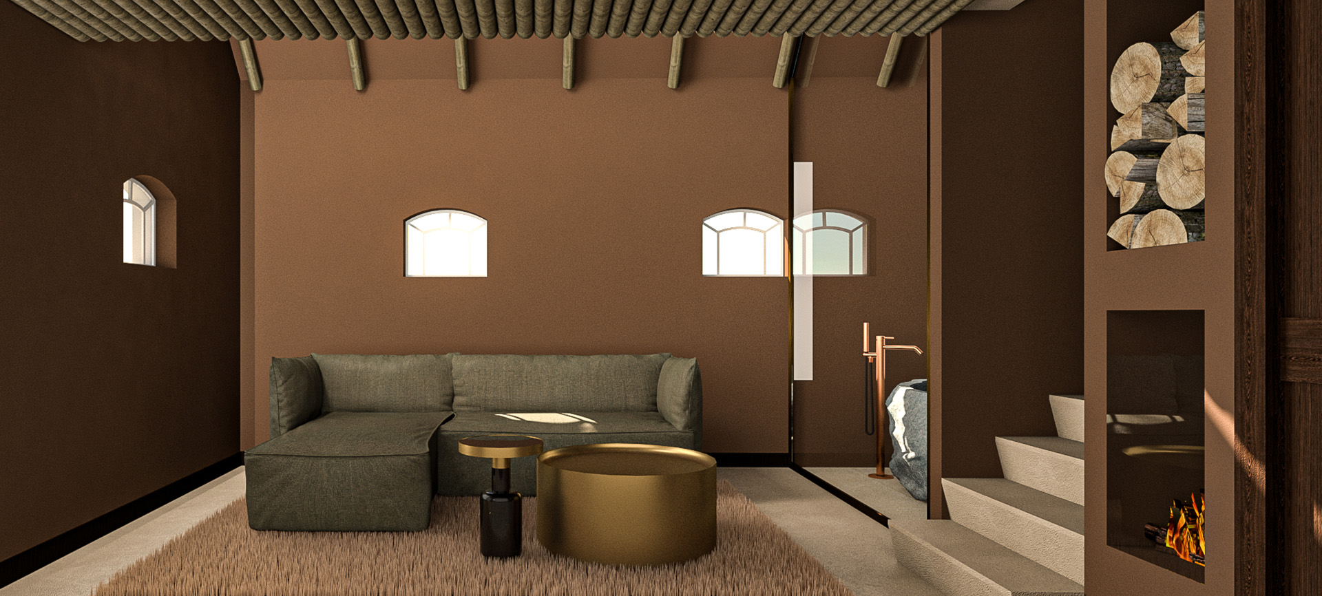 3D-impressie van de woonkamer voor een Bed & Breakfast door Studio Doable
