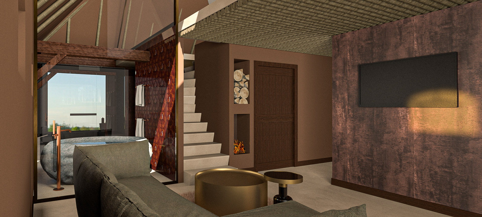 3D-impressie van de woonkamer voor een Bed & Breakfast door Studio Doable