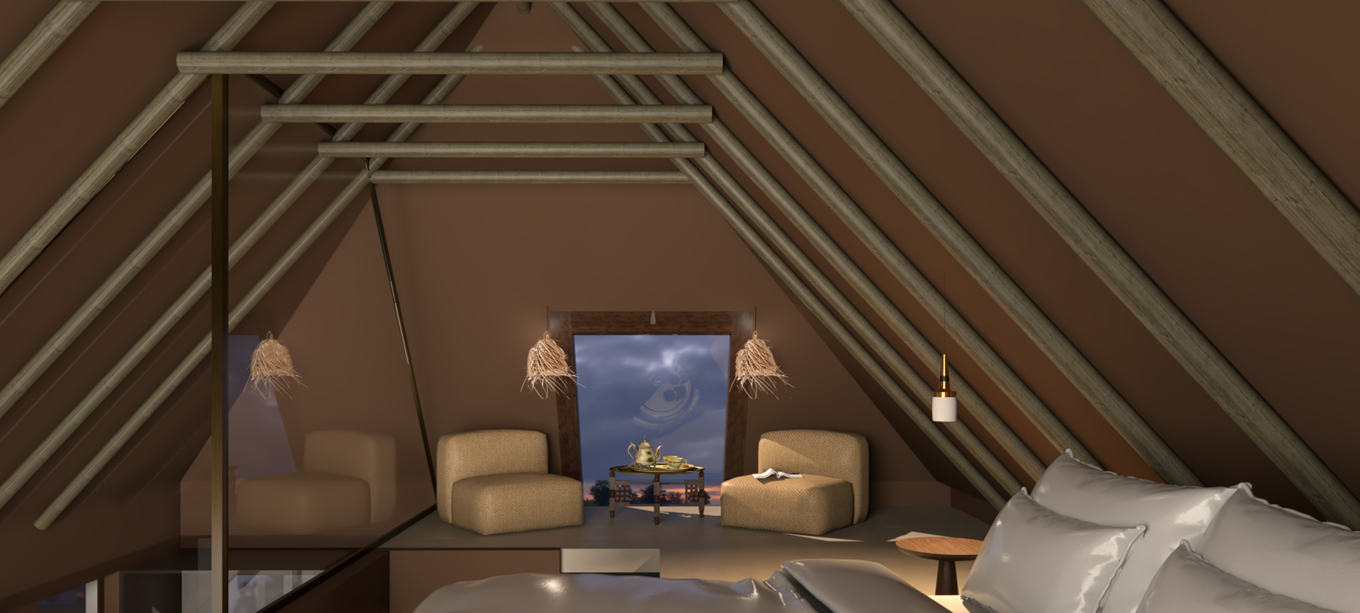 3D-impressie van de woonkamer voor een Bed & Breakfast door Studio Doable