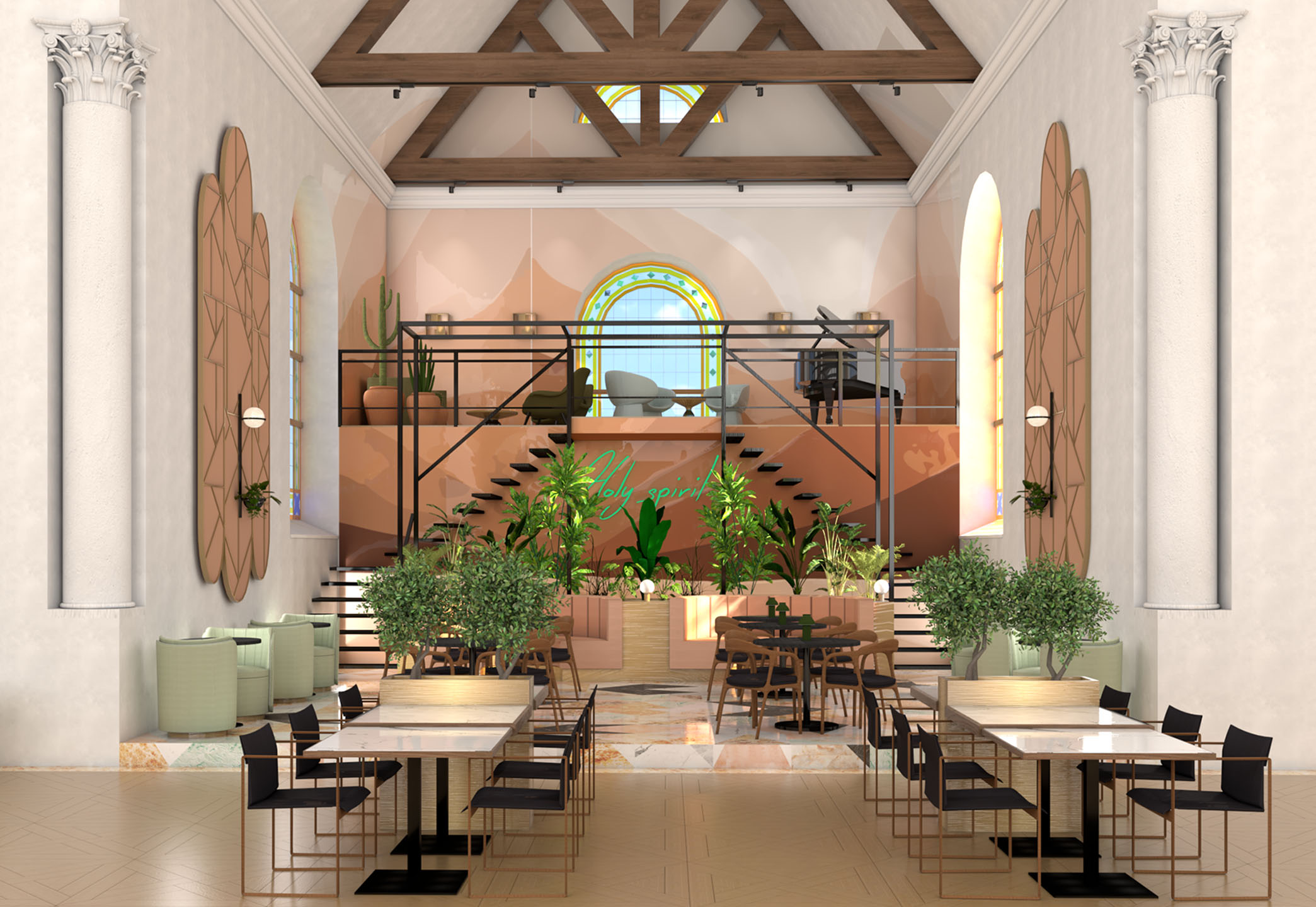 Interieurontwerp restaurant in voormalige kerk door Studio Doable