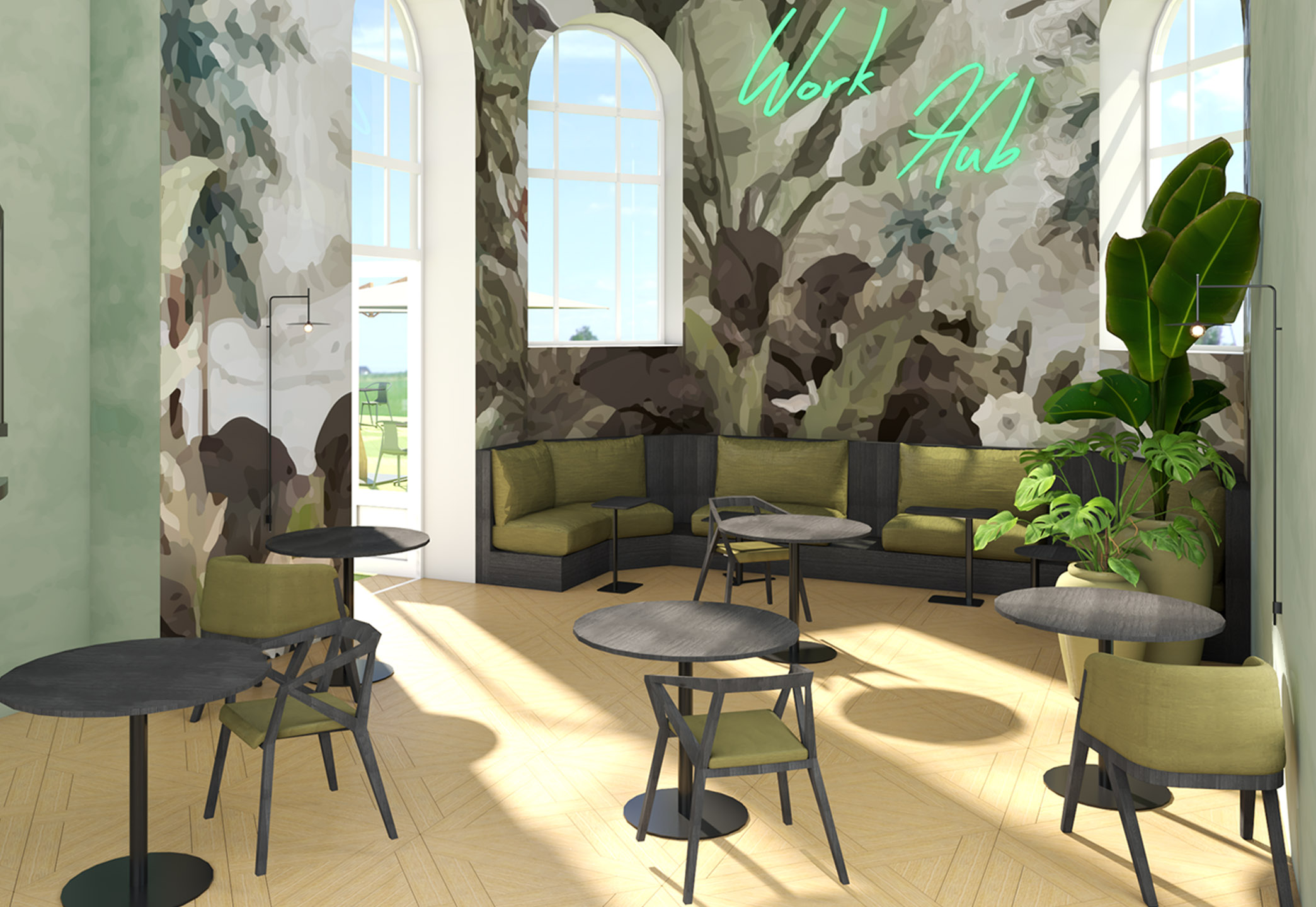 Interieurontwerp work hub in voormalige kerk door Studio Doable