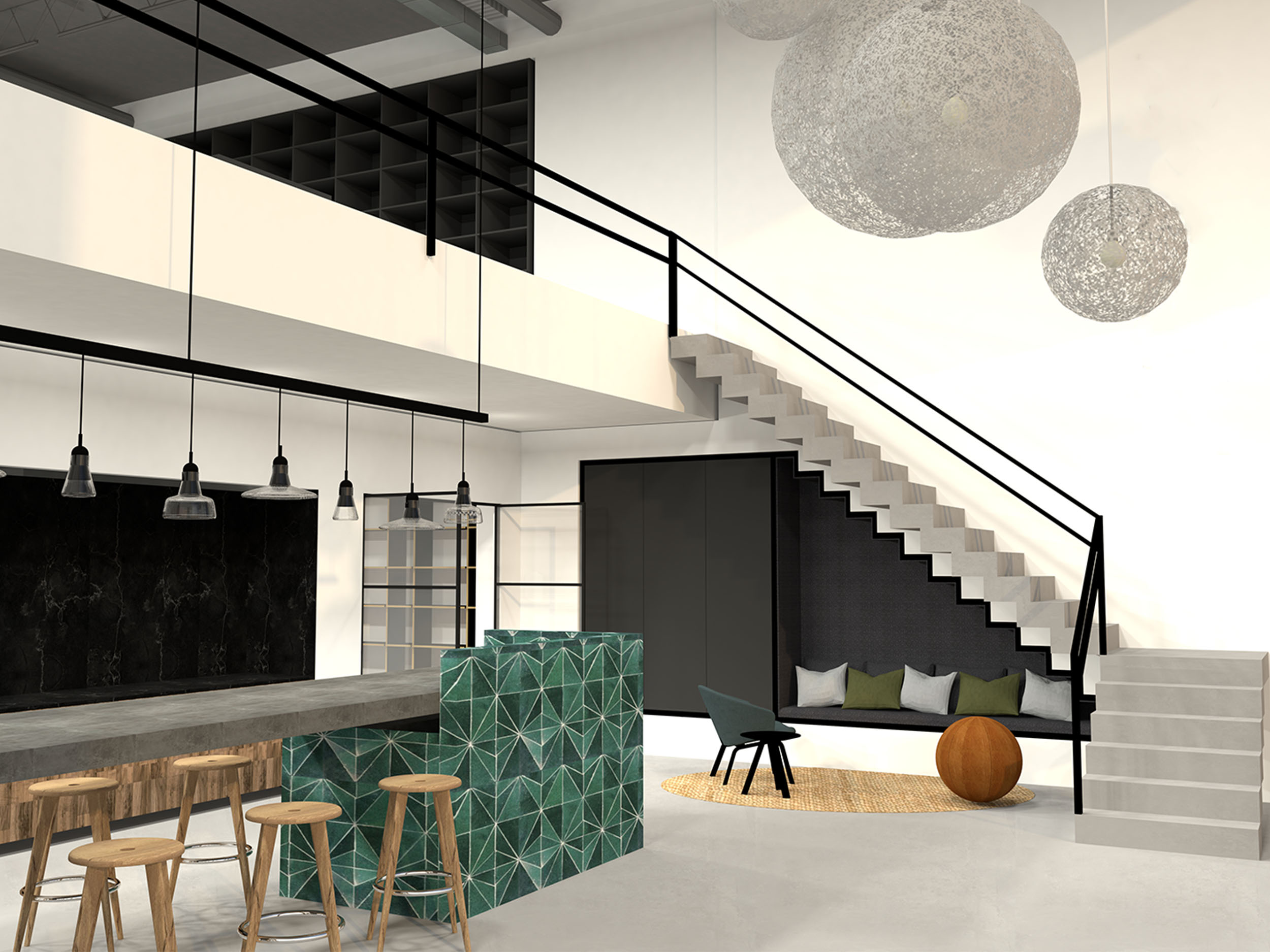 Interieurontwerp ontmoetingsruimte in kantooromgeving door Studio Doable