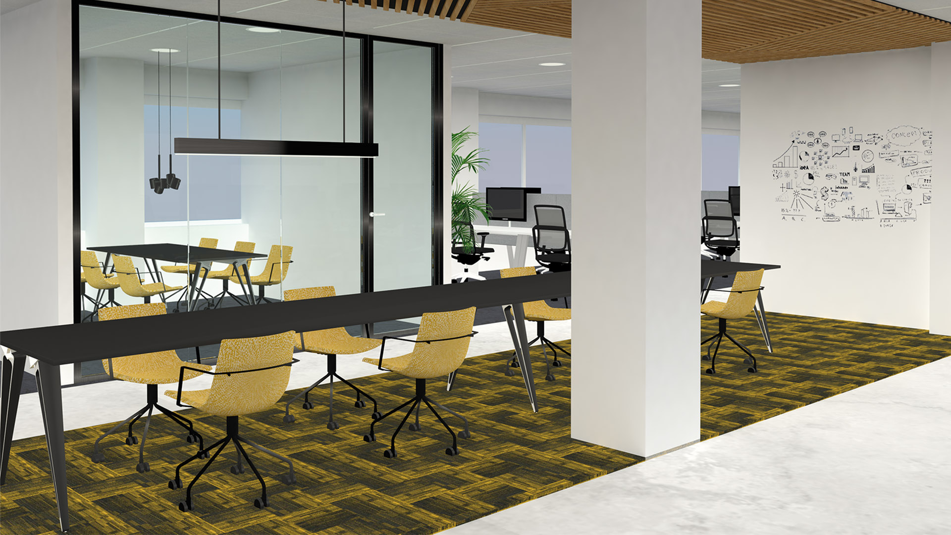 Interieurontwerp werkplekken in kantooromgeving door Studio Doable