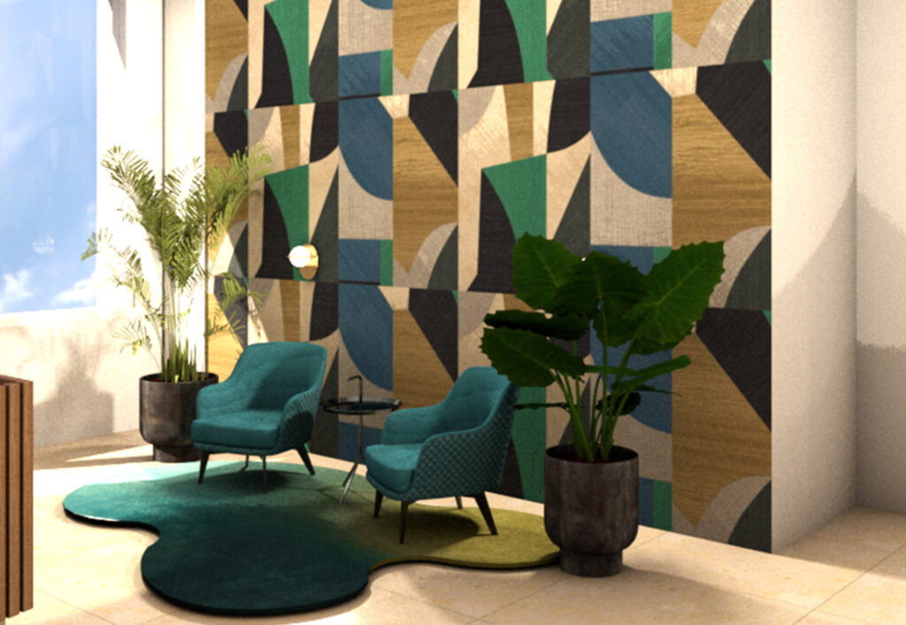 3D-impressie van de entree van een kantoorgebouw, ontworpen door Studio Doable
