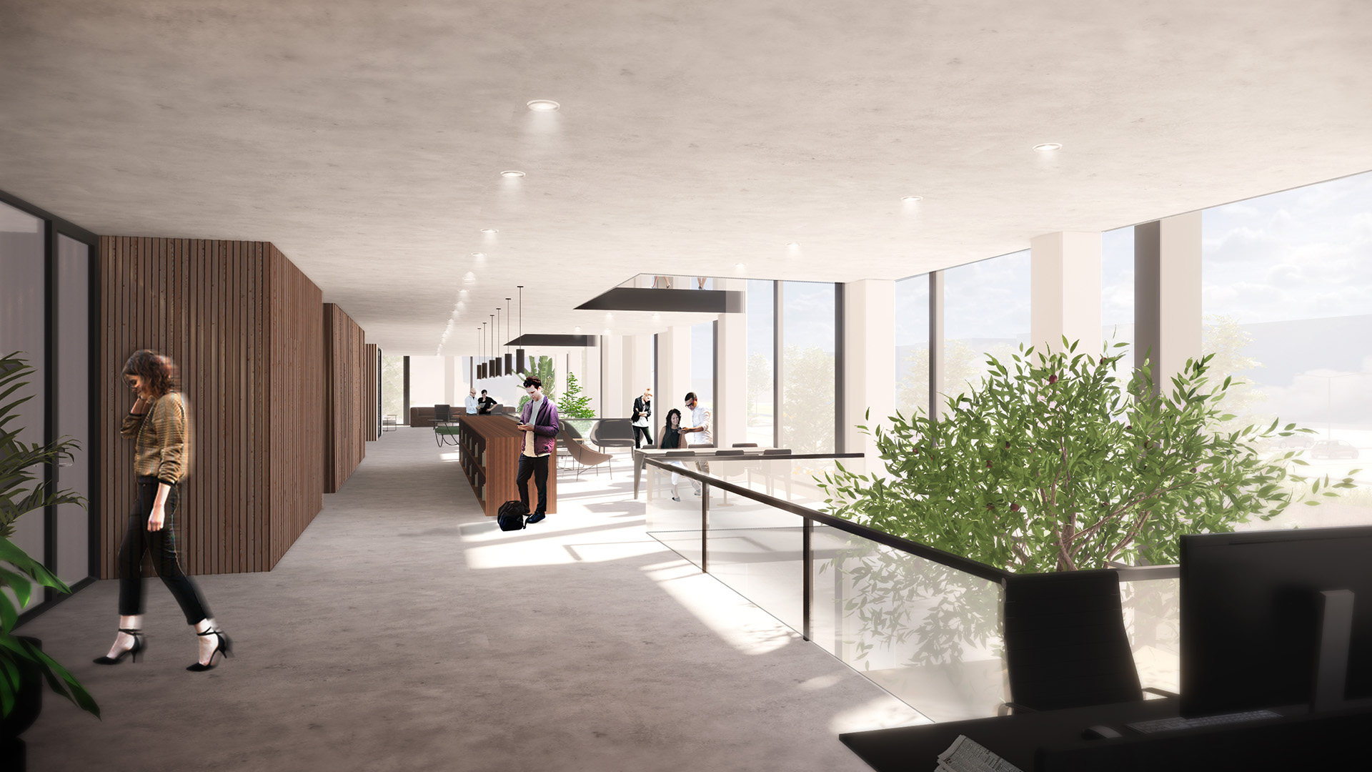 Interieurontwerp van de werkplekken van een multi-tenant kantoorgebouw door Studio Doable