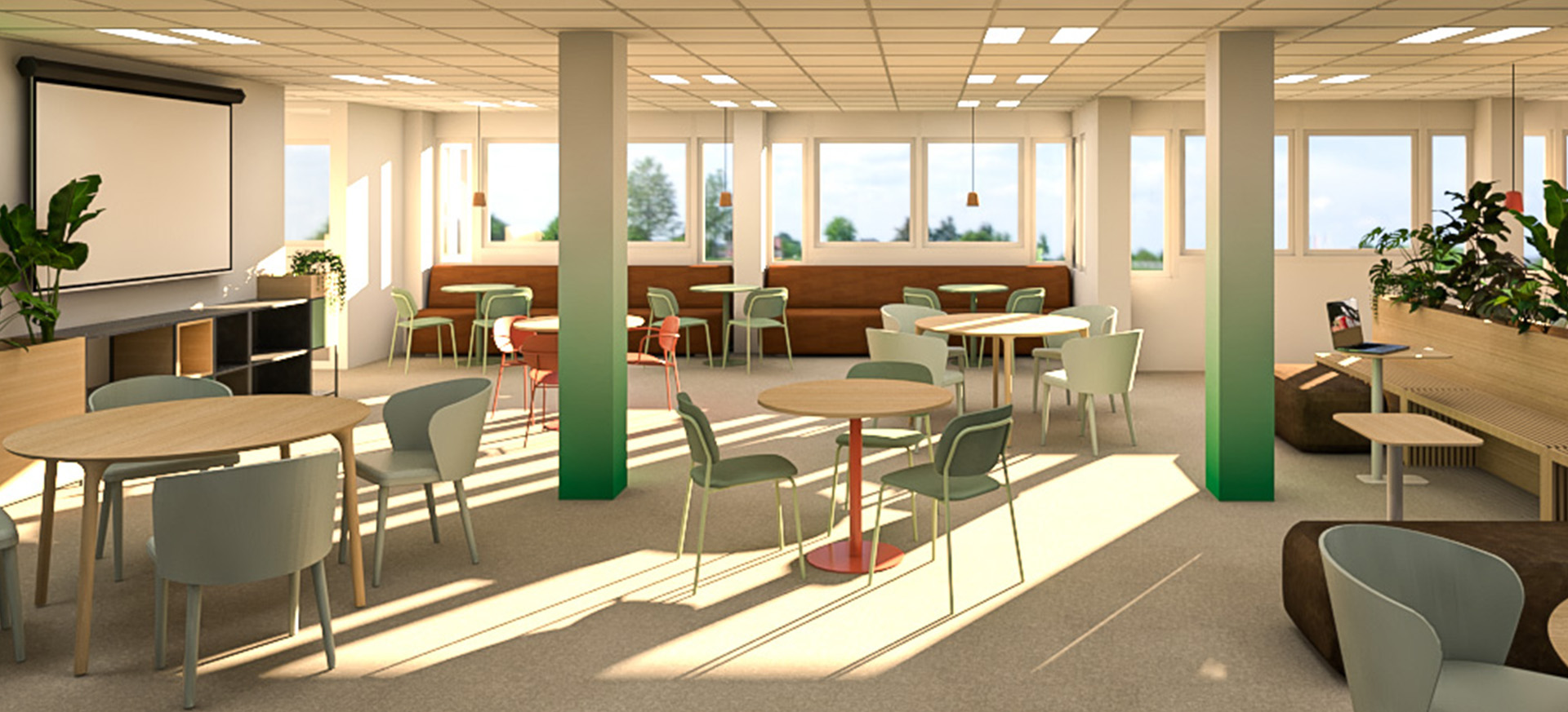 3D-impressie van een multifunctionele kantoorruimte, ontworpen door Studio Doable