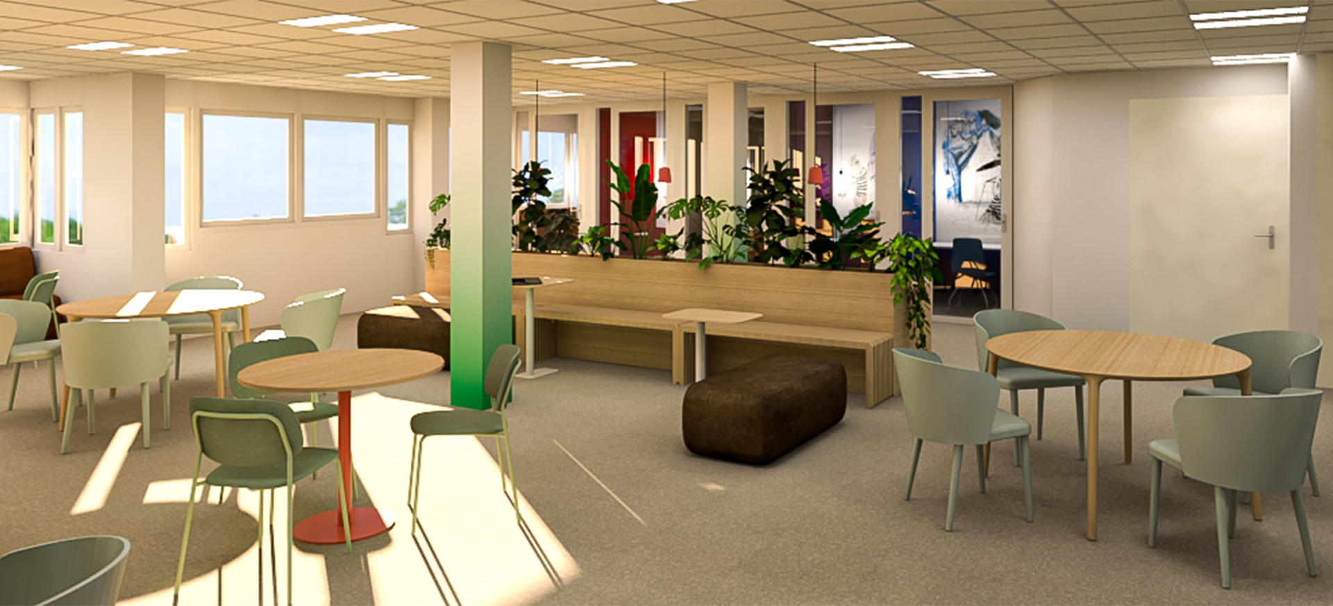 3D-impressie van een multifunctionele kantoorruimte, ontworpen door Studio Doable