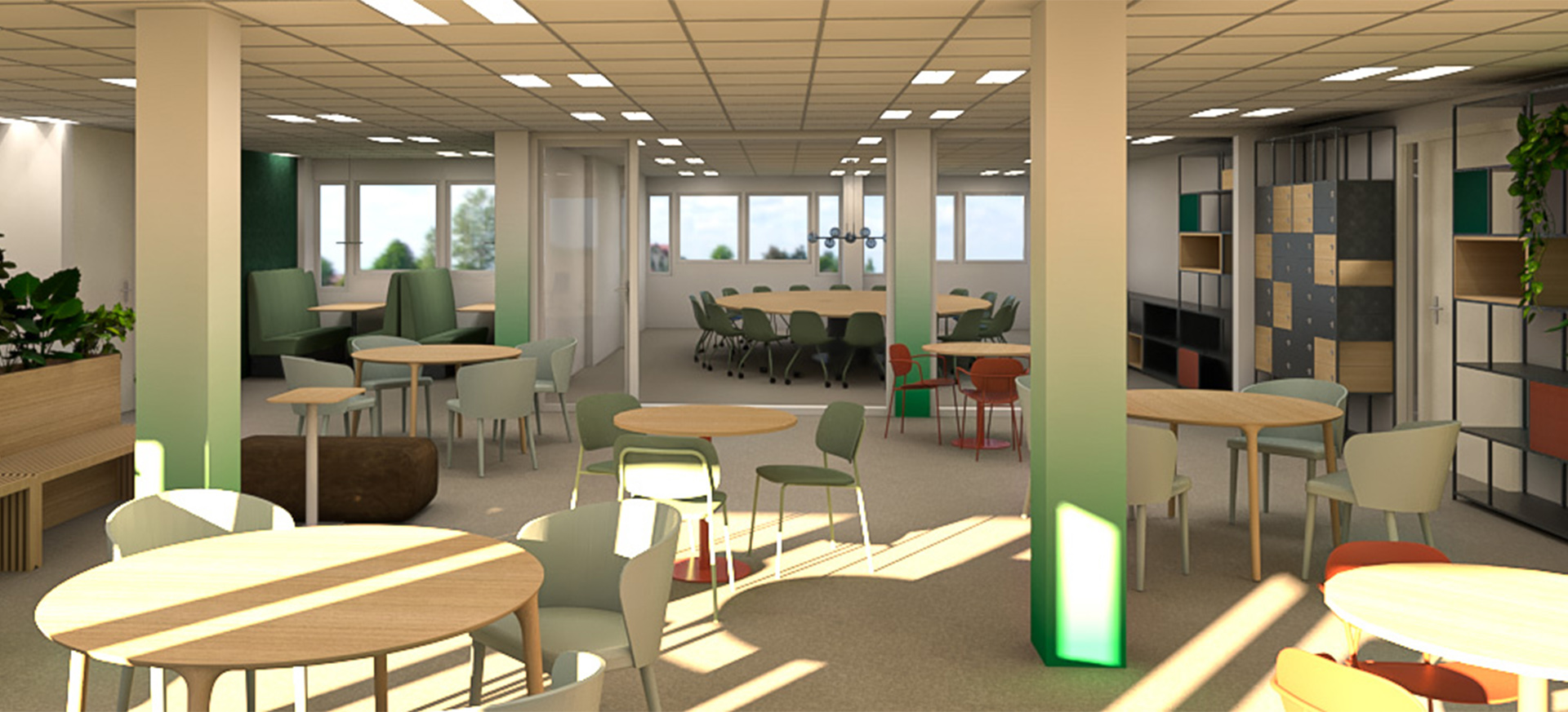 3D-impressie van een multifunctionele kantoorruimte, ontworpen door Studio Doable
