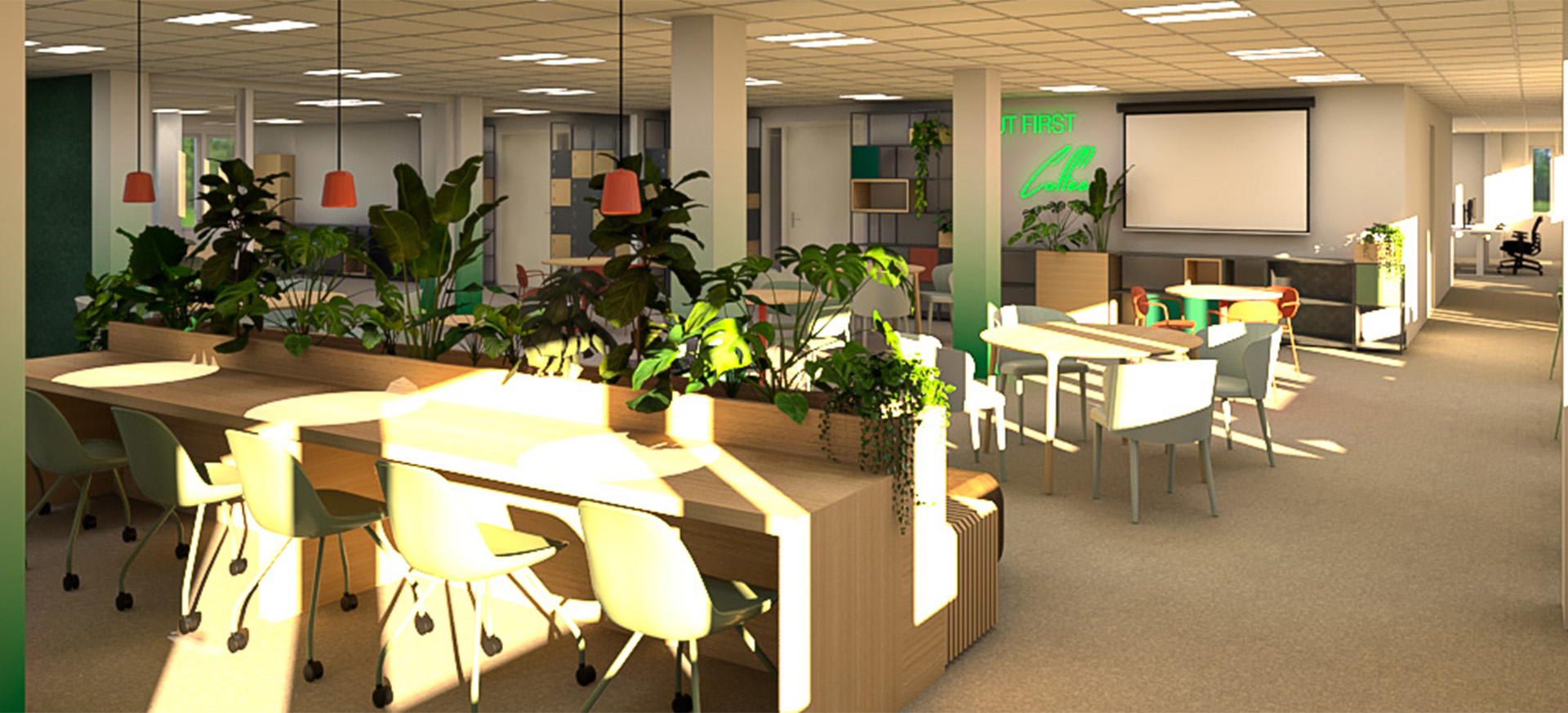 3D-impressie van een multifunctionele kantoorruimte, ontworpen door Studio Doable