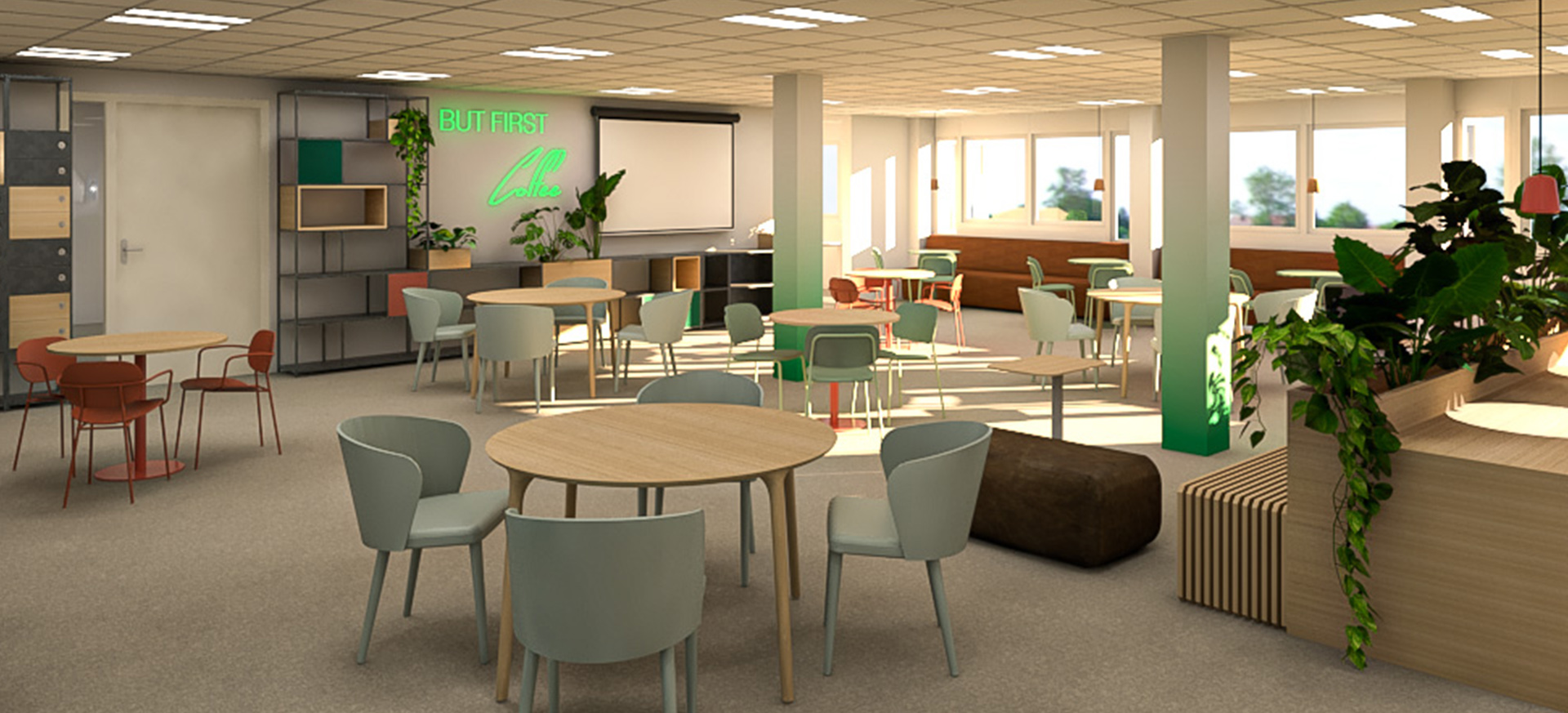 3D-impressie van een multifunctionele kantoorruimte, ontworpen door Studio Doable