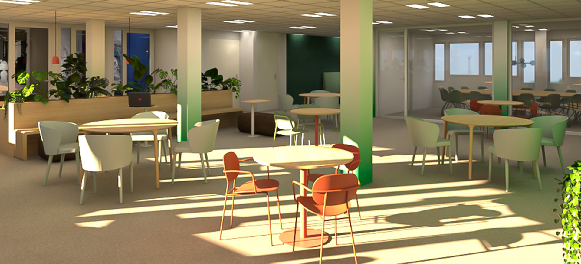 3D-impressie van een multifunctionele kantoorruimte, ontworpen door Studio Doable