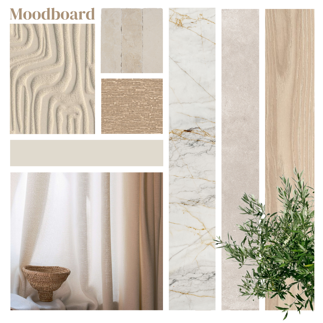 Moodboard interieurontwerp luxe villa in Heerjansdam: warme materialen, zachte tinten en tijdloos design met oog voor detail.