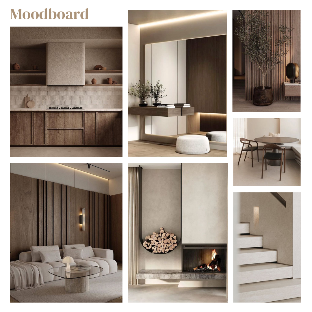 Moodboard voor het interieurontwerp van een villa in Rhoon. Warme sfeer met natuurlijke materialen, donker hout en optimaal gebruik van daglicht.