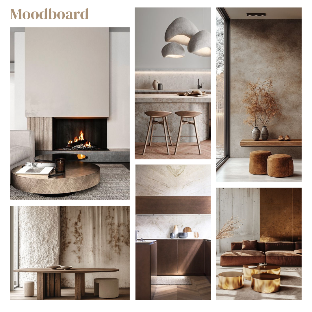 Moodboard voor het interieurontwerp van een villa in Barendrecht. Chique luxury living met natuursteen, bronstinten en een elegante uitstraling.