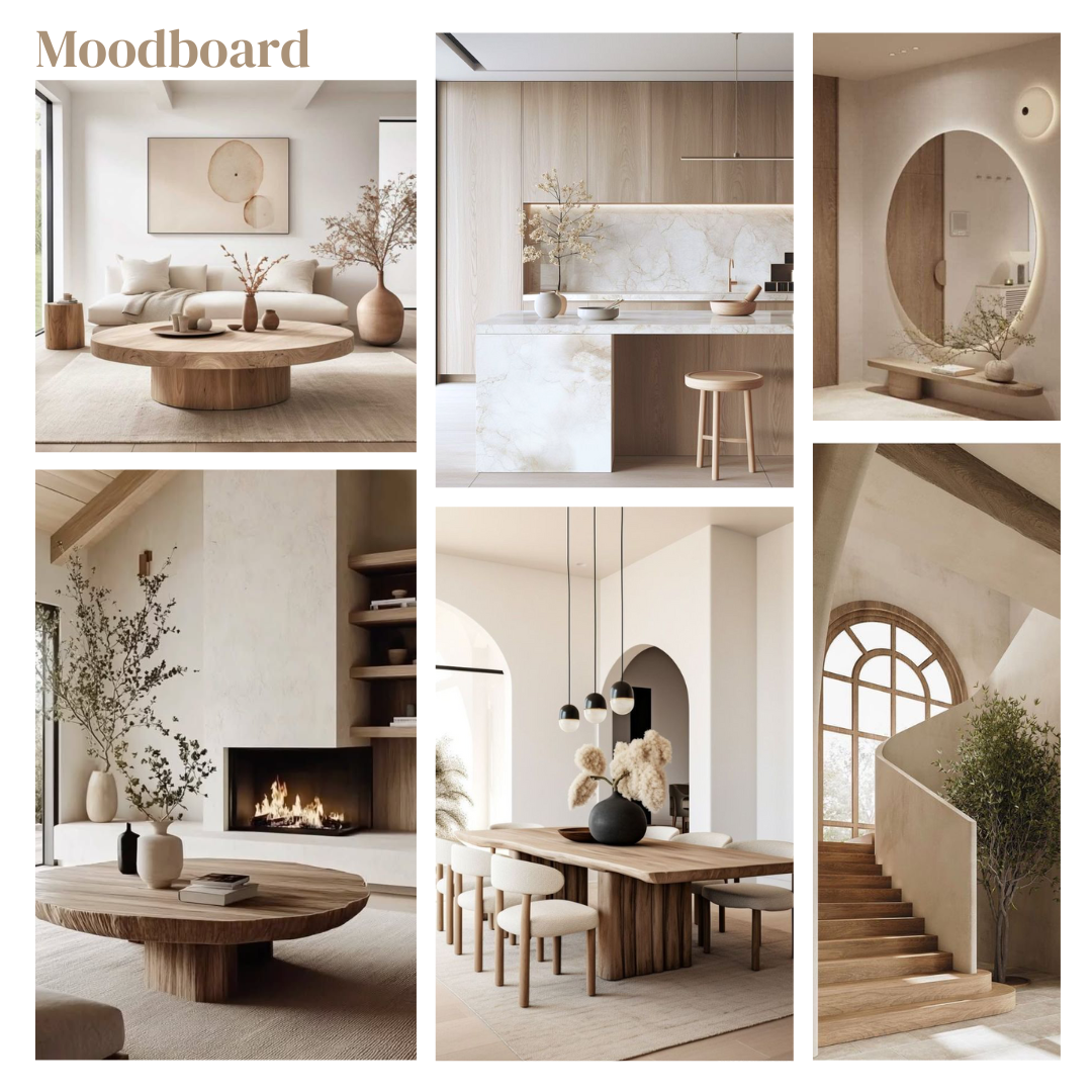 Moodboard interieurontwerp luxe villa in Heerjansdam: warme materialen, zachte tinten en tijdloos design met oog voor detail.