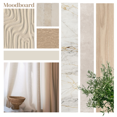 Moodboard interieurontwerp luxe villa in Heerjansdam: warme materialen, zachte tinten en tijdloos design met oog voor detail.